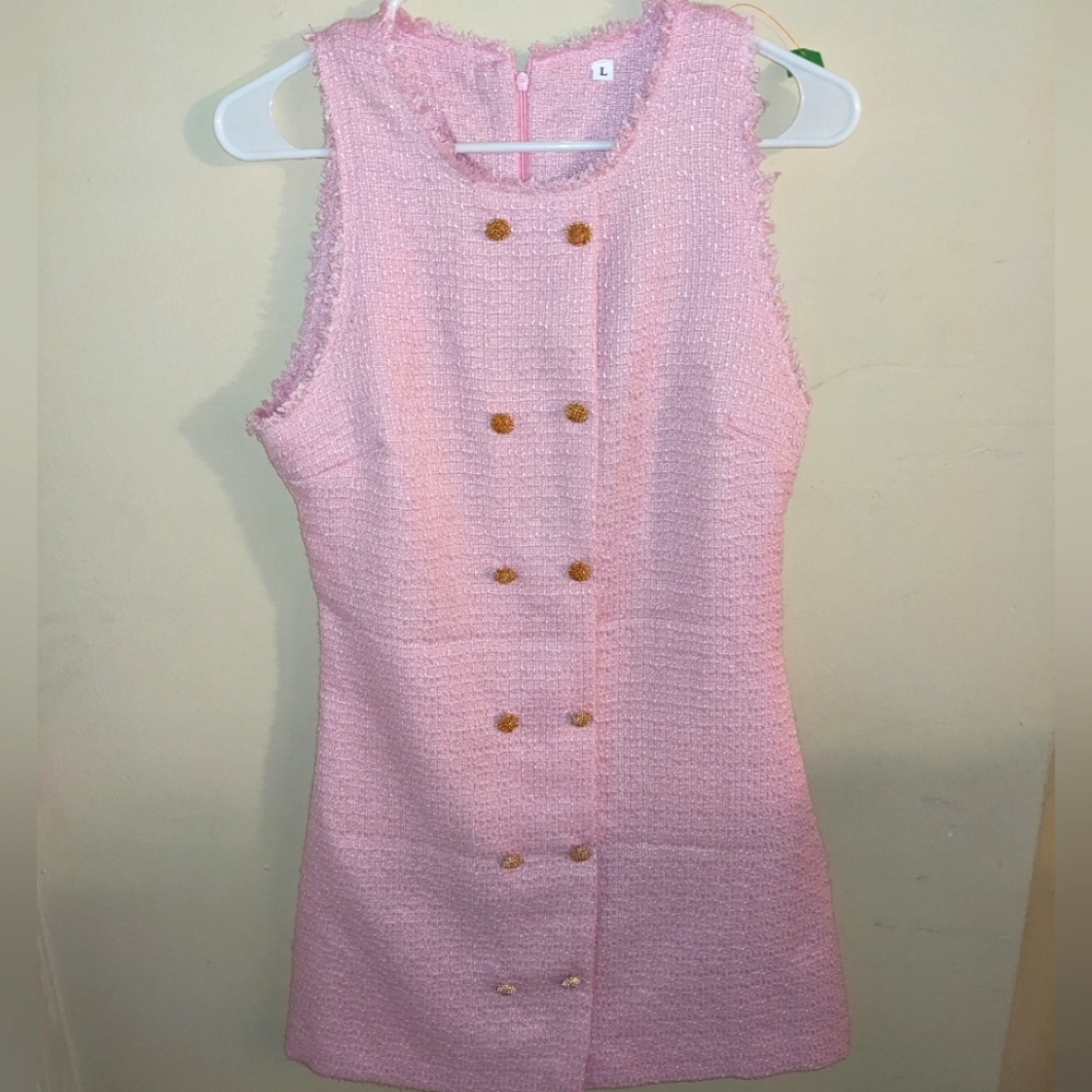 Pink tweed mini dress with golden buttons